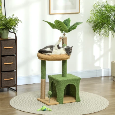 PawHut Kratzbaum 98 cm hoch Katzenbaum mit Höhle, Katzenbett Blätter-Design, Jutestämme, 2 Spielbälle für Katzen unter 5 kg