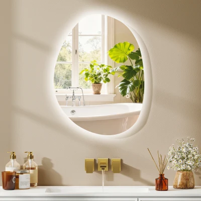 HOMCOM 70 x 50 cm Asymmetrischer Badspiegel mit LED-Licht, Smart Touch Schalter, Anti-Beschlag-Funktion, Silber