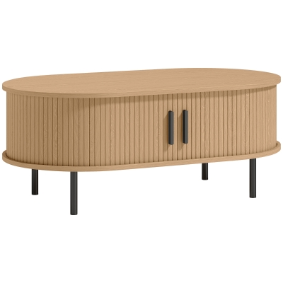 HOMCOM Mesa de Centro con Puertas de Tambor Deslizantes Mesa de Café Ovalada con Almacenamiento Oculto 100x55x40 cm Natural