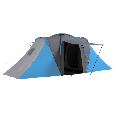 Outsunny Tunnelzelt, 2000mm Wasserabweisend Campingzelt für 4 Personen, mit 2 Schlafzimmern Wohnbereich Tragetasche Grau+Blau