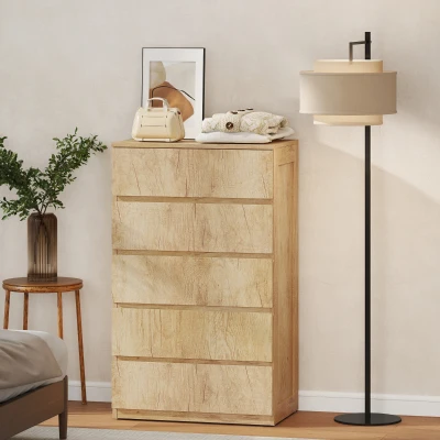 HOMCOM Cómoda 5 Cajones para Dormitorio Moderna Diseño sin Tiradores para Comedor Entrada 60x39x100 cm Madera Natural