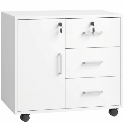 HOMCOM Mueble para Impresora con Ruedas Mesa para Impresora con Puerta y 3 Cajones Cerraduras Estante Ajustable Blanco