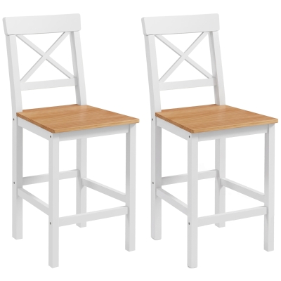 HOMCOM Barhocker 2er Set Barstuhl aus Kiefernholz mit Fußstütze, Lehne, Landhaus-Stil für Küche, Wohnzimmer, Natur