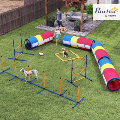 PawHut Agility-Ausrüstung für Hunde 12-teilig, 4 Tunnel, verstellbare Sprünge, Ring, Slalom, 357x65x68cm, mehrfarbig