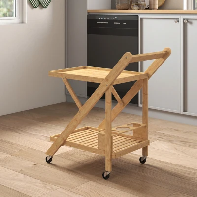 HOMCOM Desserte de cuisine en bambou chariot de service pliable 2 plateaux 4 roues 3 casiers à vin 66 x 40 x 70 cm bois naturel