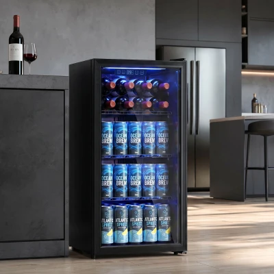 HOMCOM Drinks Fridge 90L 139-Can LED Under Counter Black