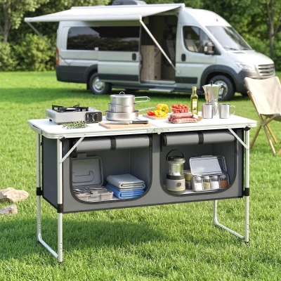 Outsunny Campingkeuken opvouwbaar Campingkast met aluminium frame opbergruimte werkblad voor camping en reizen zilver