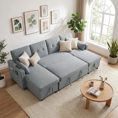 HOMCOM Ecksofa mit Schlaffunktion und Bettkasten U-Form 4-Sitzer Sofa mit Chaiselongue, verstellbarer Rückenlehne, Leinenoptik