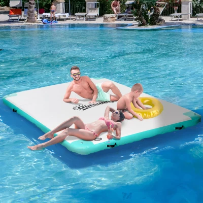 Outsunny Groot Zwemeiland 3x2m Opblaasbaar Eiland 500kg voor Wateractiviteiten voor Volwassenen en Kinderen, Wit Groen