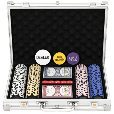 SPORTNOW Pokerchips-set in koffer, met dobbelstenen, dealerbutton, 2 kaartspellen, zilverkleurig