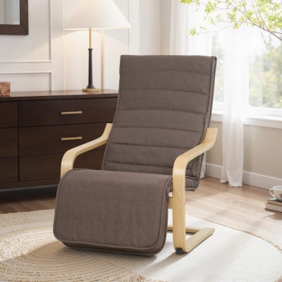 HOMCOM Accentstoel, Relaxfauteuil met Verstelbare Voetensteun, Berkenhouten Frame, tot 120 kg, 66,5 x 94 x 100 cm, Bruin