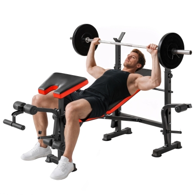 HOMCOM Banco de Musculación Multifuncional, Banco de Pesas con Respaldo Ajustable, Soporte para Barras Regulable, Extensión de Piernas, Curl de Predicador, Mariposa, Entrenamiento Casa Gimnasio, Rojo