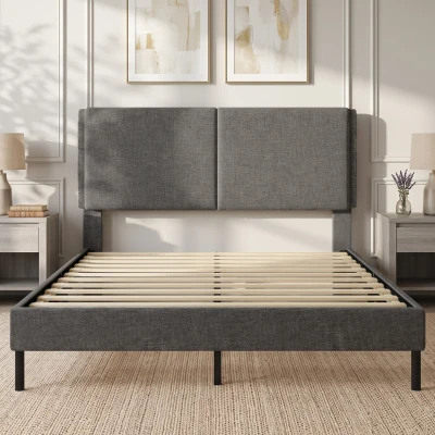 HOMCOM Lit Double 140x190cm Lin Gris Rembourré avec Rangement