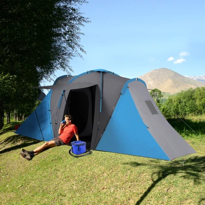Outsunny Tunnelzelt, 2000mm Wasserabweisend Campingzelt für 4 Personen, mit 2 Schlafzimmern Wohnbereich Tragetasche Grau+Blau