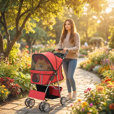 PawHut Foldable Pet Stroller with Swivel Wheels, Red