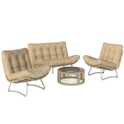 Outsunny Gartenmöbel Set 4-teilig Polyrattan Lounge-Set mit Zweisitzer 2 Sessel Glastisch Breitem & Tiefem Sitz Dicke Kissen