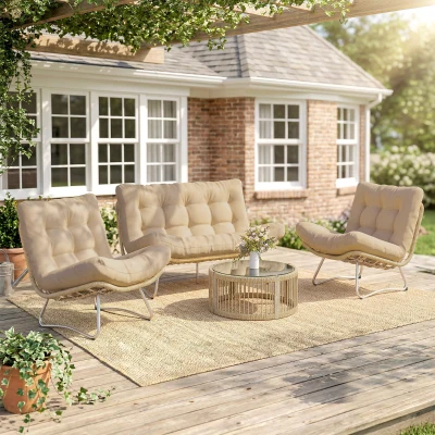 Outsunny Gartenmöbel Set 4-teilig Polyrattan Lounge-Set mit Zweisitzer 2 Sessel Glastisch Breitem & Tiefem Sitz Dicke Kissen