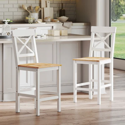 HOMCOM Barhocker 2er Set Barstuhl aus Kiefernholz mit Fußstütze, Lehne, Landhaus-Stil für Küche, Wohnzimmer, Natur