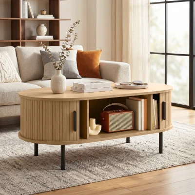 HOMCOM Mesa de Centro con Puertas de Tambor Deslizantes Mesa de Café Ovalada con Almacenamiento Oculto 100x55x40 cm Natural