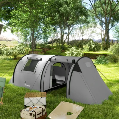 Outsunny Kampeertent voor 3-4 personen stabiel waterdicht familietent met slaapruimte en woonkamer 3000mm waterkolom grijs