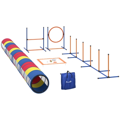 PawHut Agility-Ausrüstung für Hunde 12-teilig, 4 Tunnel, verstellbare Sprünge, Ring, Slalom, 357x65x68cm, mehrfarbig