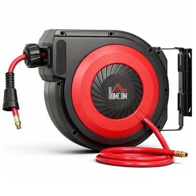 HOMCOM Slanghaspel met terugtrekmechanisme, 16,5 m lange slang, wandmontage, Rood+Zwart