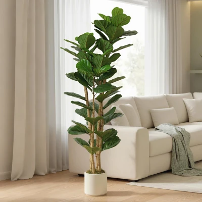 HOMCOM Kunst Vioolbladplant met 91 Bladeren, Massief Houten Stam, Pot, 55 x 55 x 180 cm, Groen