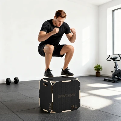 SPORTNOW Sprungbox, kantenfreie Ecken, Sperrholz, höhenverstellbar, Seitengriffe, Schwarz