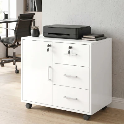 HOMCOM Mueble para Impresora con Ruedas Mesa para Impresora con Puerta y 3 Cajones Cerraduras Estante Ajustable Blanco