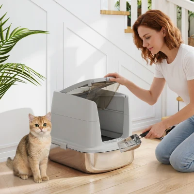 PawHut Caixa de Areia para Gatos em Aço Inoxidável L com Tampa Removível e Pá Inox, Cinzento Claro
