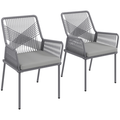 Outsunny 2er-Set Gartenstühle, Terrassenstühle, waschbare Kissen, Rückenlehne, Armlehnen, Stahl, Rattan, Dunkelgrau