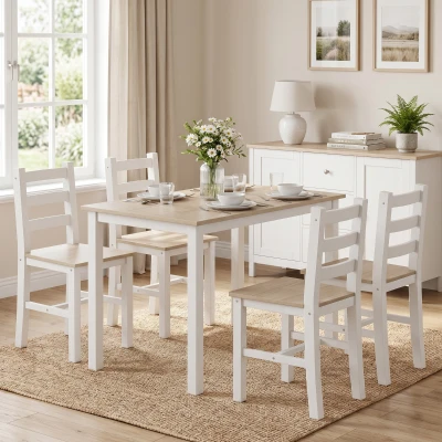 HOMCOM Conjunto de comedor de 5 piezas para 4 personas, mesa y sillas de estilo rústico de madera maciza, Natural/Blanco