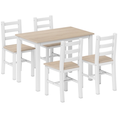 HOMCOM Conjunto de comedor de 5 piezas para 4 personas, mesa y sillas de estilo rústico de madera maciza, Natural/Blanco