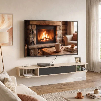 HOMCOM Hängendes TV-Möbel, TV-Möbel für Fernseher bis zu 152,4 cm (60 Zoll), Klappschublade 2 Ablagen 140x24x16cm Naturholz