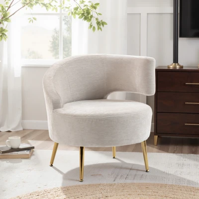 HOMCOM Loungefauteuil van chenille met schuine rugleuning en goudkleurige stalen poten voor woonkamer, crèmewit