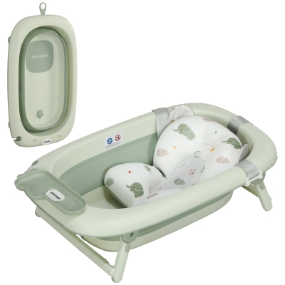 AIYAPLAY Banheira Dobrável Bebé com Almofada de Banho Suporte Orifício de Drenagem e de Chuveiro 86x53x25,5 cm Verde