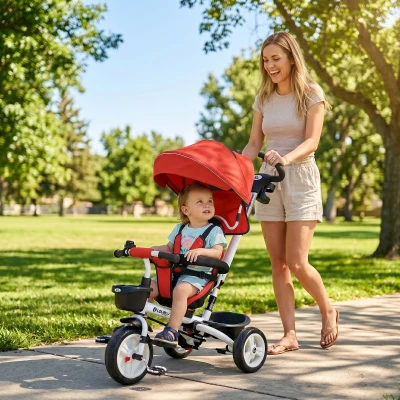HOMCOM 6-in-1 Kinderdreirad mit Schiebestange, Dach, Gurt, Ablagekorb, 18+ Monate, Rot