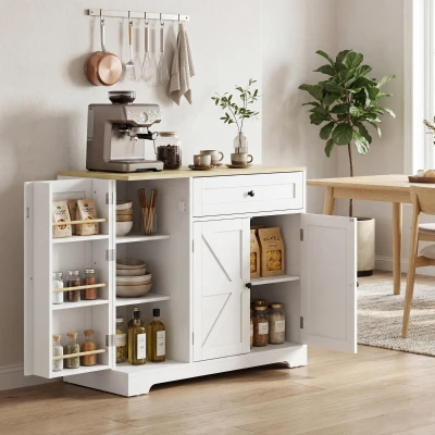 HOMCOM Sideboard, Landhausstil Küchenschrank mit Schiebetüren, 1 Schublade, 2 verstellbaren Einlegeböden, Türregalen