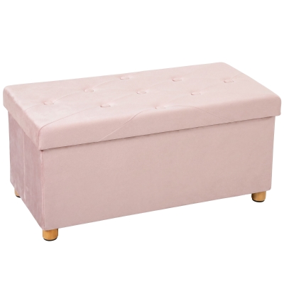 HOMCOM Velvet Storage Ottoman Bench Foldable Wood Legs Pink