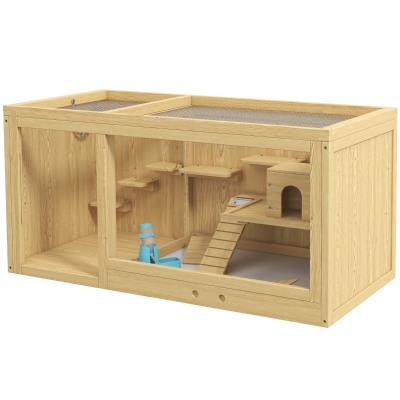 PawHut Knaagdierkooi, Sparrenhout, inclusief accessoires en drinkfles, 100 x 50 x 50 cm, Natuurlijk