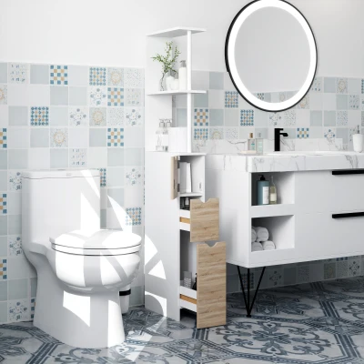 HOMCOM Columna de Baño Moderno Mueble Auxiliar de Baño con 2 Estantes 2 Cajones y 1 Puerta Antivuelco 15x33x136,8 cm Natural
