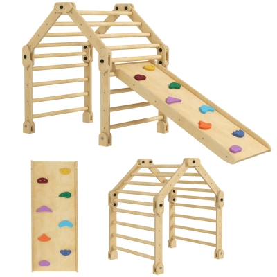 AIYAPLAY 3-in-1 Klimrek, opvouwbaar, Ladder & Glijbaan/Klimmuur, Hout, voor Kinderen van 1,5-4 Jaar