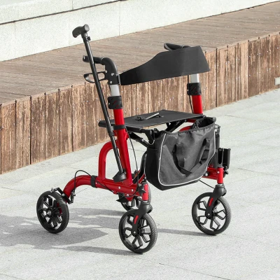 HOMCOM Folding Rollator Walker with Seat and Backrest Red