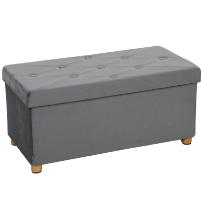 HOMCOM Velvet Storage Ottoman Bench Wood Legs Grey