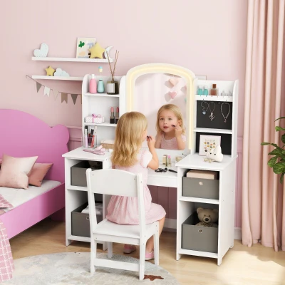 AIYAPLAY Coiffeuse Enfant avec Tabouret et Miroir LED Blanc
