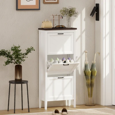 HOMCOM Farmhouse Shoe Cabinet 3-Drawer White