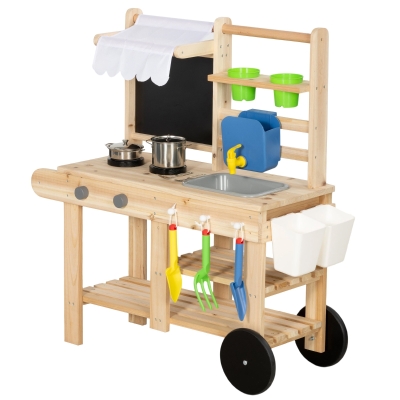 AIYAPLAY Mud Kitchen Wood with Faucet Sink Storage Natural