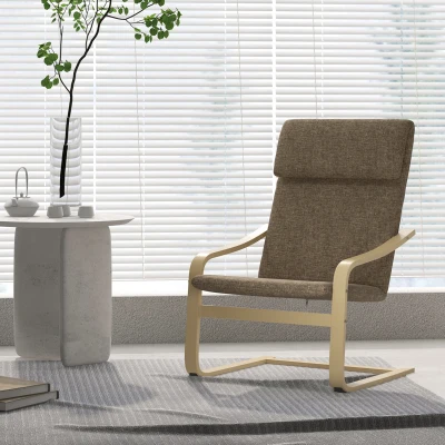HOMCOM Fauteuil in linnenlook met hoofdsteun en armleuningen, houten frame, bruin+ naturel