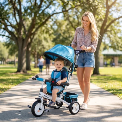 HOMCOM 6-in-1 Kinderdreirad mit Schiebestange, Dach, Gurt, Ablagekorb, für 1-5 Jahre, Blau