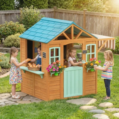 AIYAPLAY Căsuță de Joacă de Exterior cu Bar pentru Gustări, Ușă Pe Jumătate, Ferestre, Suporturi pentru Ghivece, Tablă de Desen, Tablă de Țintă, 4 Bile